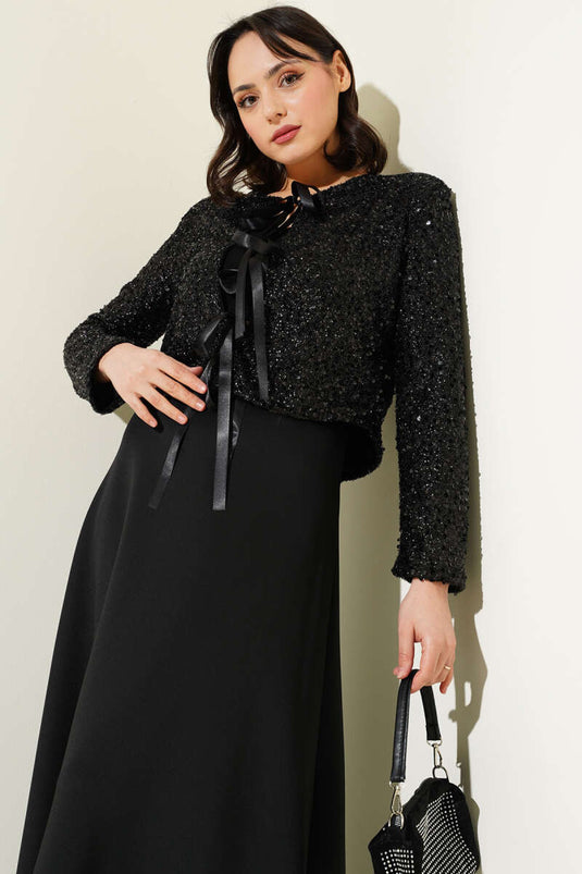 Ensemble deux pièces veste à paillettes et jupe en néoprène noir