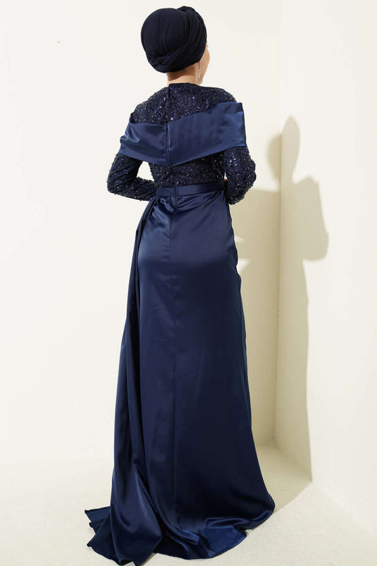 Navy Blue Evening Dress with Sequin Detail and Train