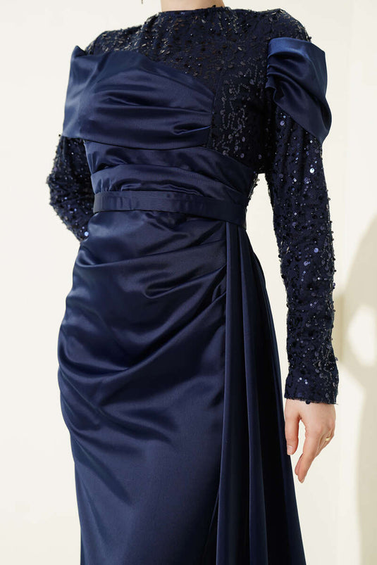 Navy Blue Evening Dress with Sequin Detail and Train