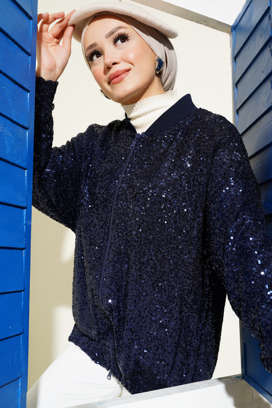 جاكيت بسحاب مزين بالترتر باللون الأزرق الداكن