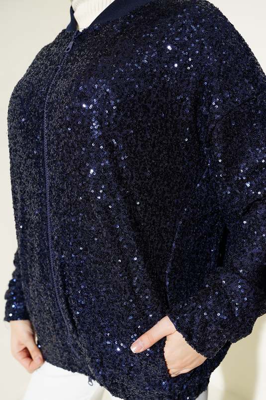 جاكيت بسحاب مزين بالترتر باللون الأزرق الداكن