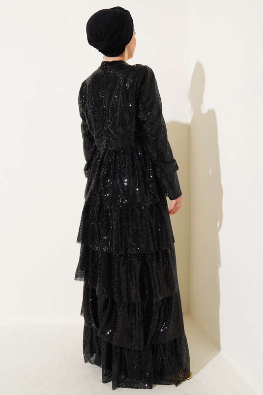 Pul Payet Kat Kat Abiye Elbise Siyah