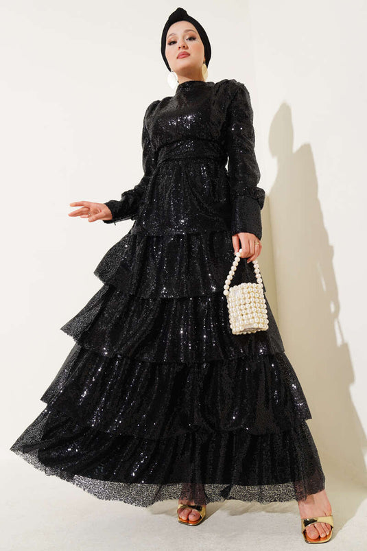 Pul Payet Kat Kat Abiye Elbise Siyah