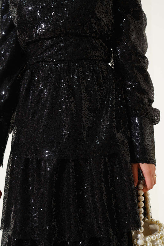 Pul Payet Kat Kat Abiye Elbise Siyah