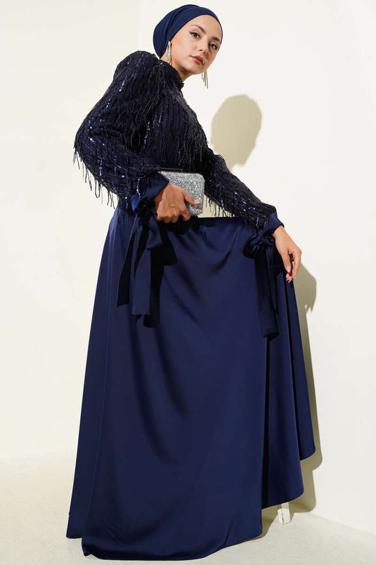 Sequined Tied Sleeve Evening Dress Navy Blue