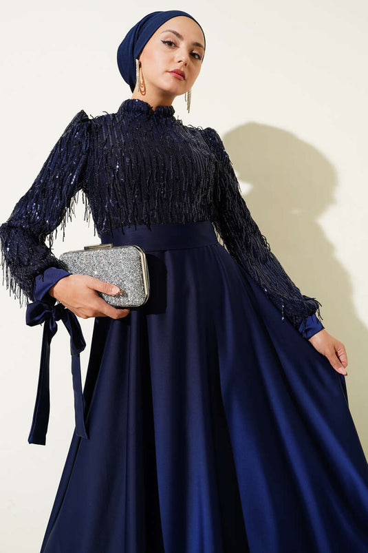 Sequined Tied Sleeve Evening Dress Navy Blue