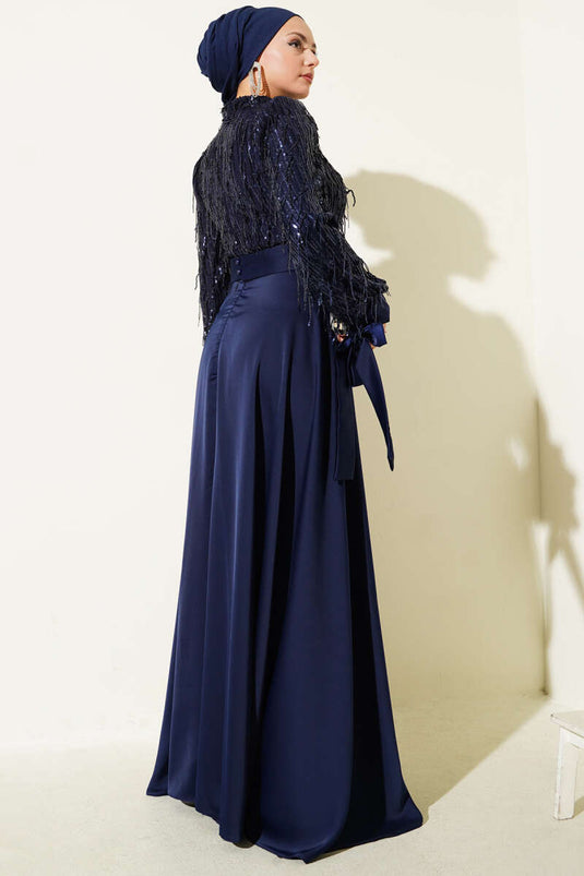 Sequined Tied Sleeve Evening Dress Navy Blue