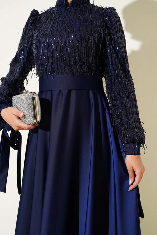Sequined Tied Sleeve Evening Dress Navy Blue