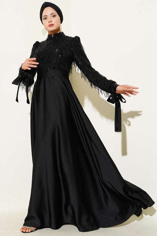 Pul Payet Kolları Bağlamalı Abiye Elbise Siyah