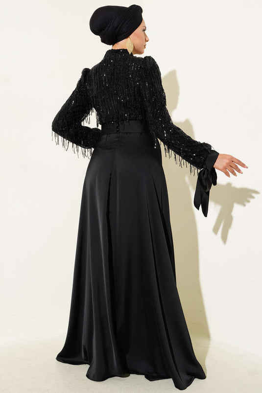 Pul Payet Kolları Bağlamalı Abiye Elbise Siyah