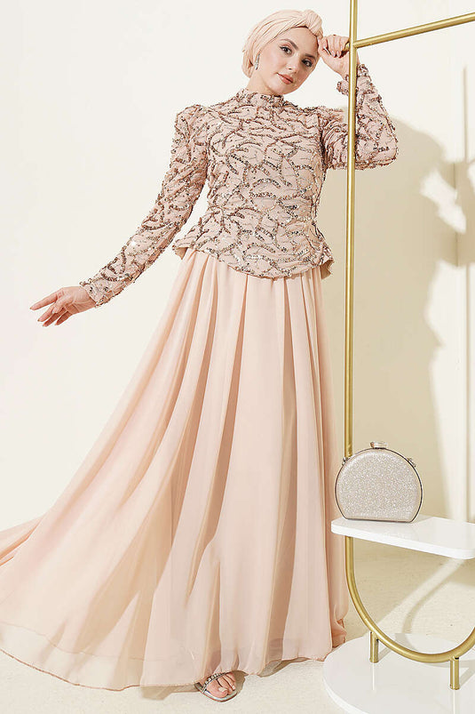 Beige Evening Dress with Sequin and Bead Embroidery