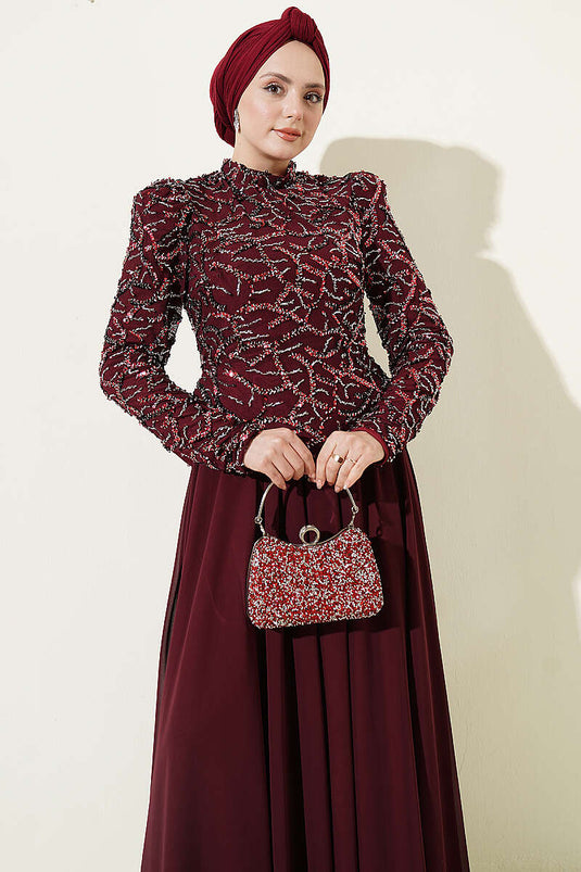 Burgundy Evening Dress with Sequin and Bead Embroidery