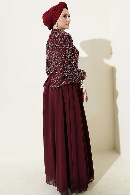 Burgundy Evening Dress with Sequin and Bead Embroidery