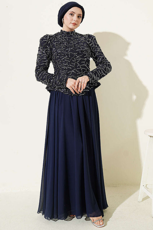 Navy Evening Dress with Sequin and Bead Embroidery