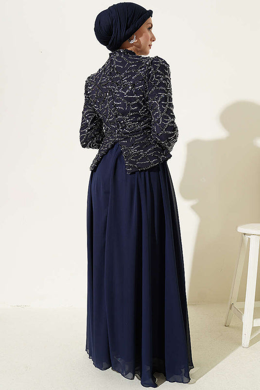 Navy Evening Dress with Sequin and Bead Embroidery
