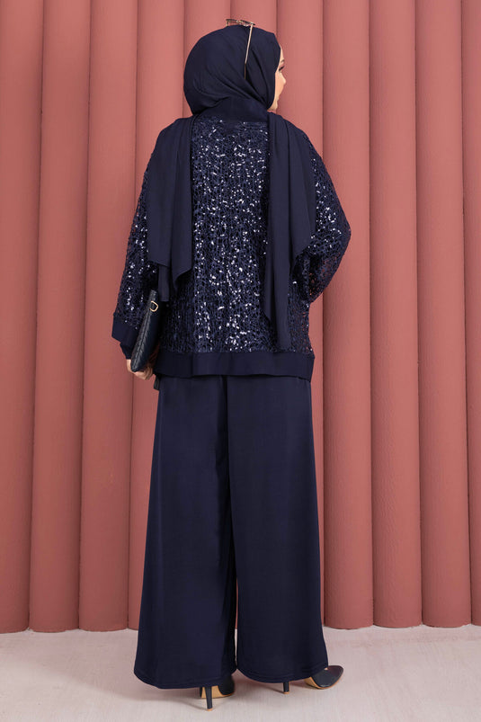 Ensemble triple ajouré à paillettes bleu marine