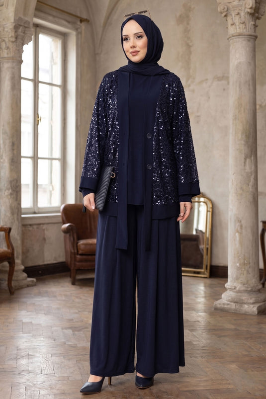 Ensemble triple ajouré à paillettes bleu marine