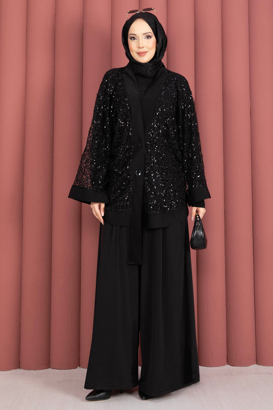 Set triplo traforato con paillettes nero