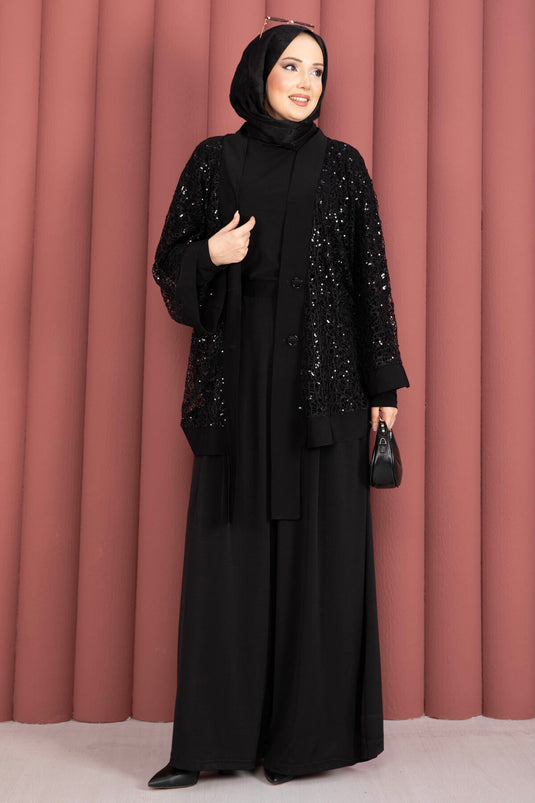 Set triplo traforato con paillettes nero