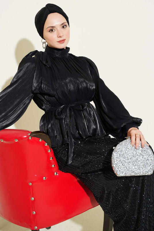 Zweiteiliges Abendkleid-Set mit Paillettenrock, Schwarz