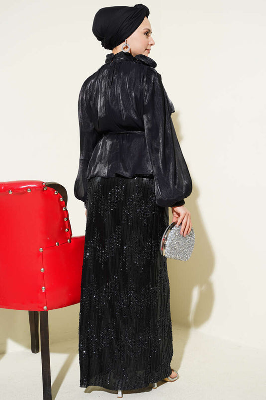Zweiteiliges Abendkleid-Set mit Paillettenrock, Schwarz