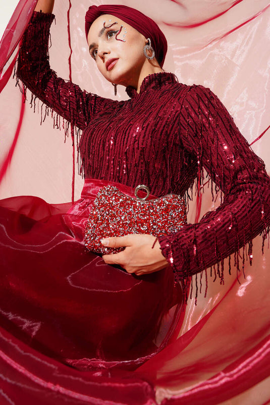 Pul Payetli Püsküllü Abiye Elbise Bordo