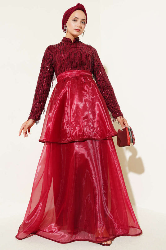 Pul Payetli Püsküllü Abiye Elbise Bordo