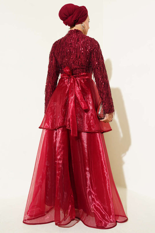 Pul Payetli Püsküllü Abiye Elbise Bordo