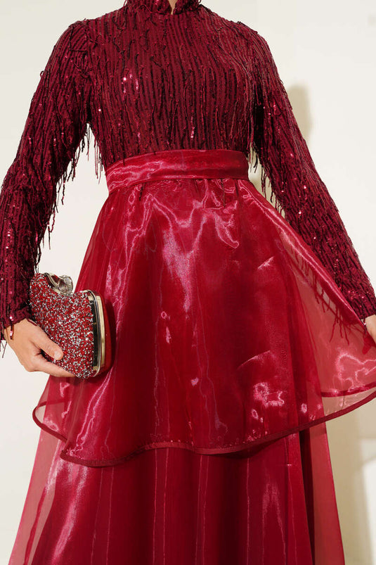 Pul Payetli Püsküllü Abiye Elbise Bordo