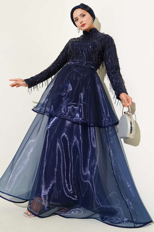 Sequined Tassel Evening Dress Navy Blue