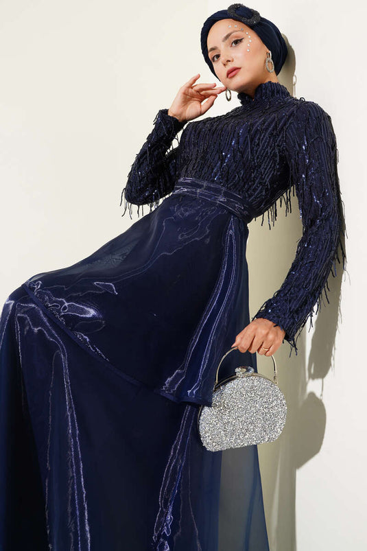 Sequined Tassel Evening Dress Navy Blue