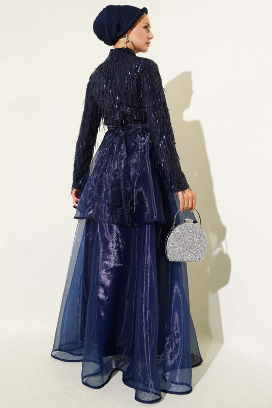 Sequined Tassel Evening Dress Navy Blue