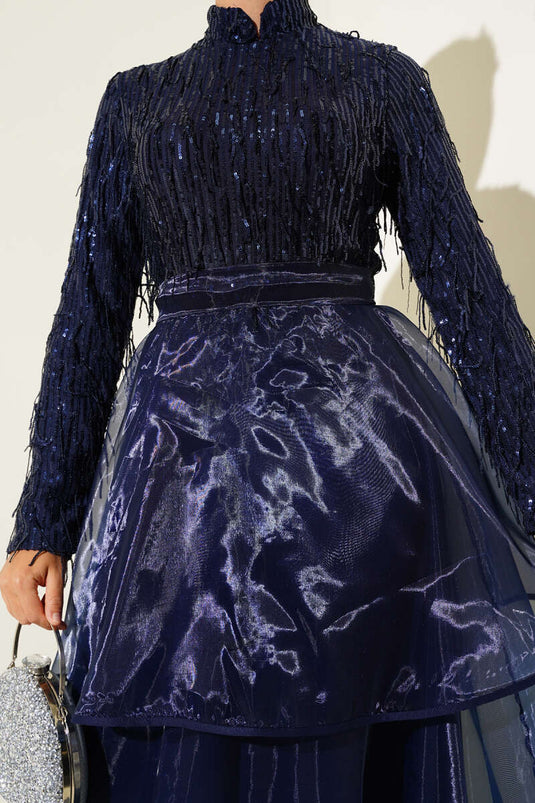 Sequined Tassel Evening Dress Navy Blue