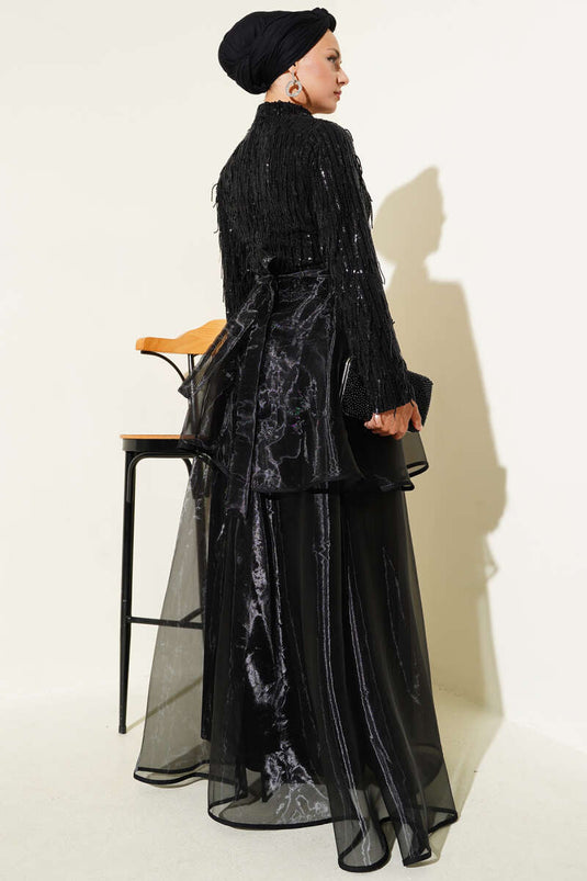 Pul Payetli Püsküllü Abiye Elbise Siyah