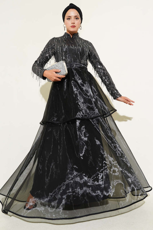 Sequined Tassel Evening Dress Black Silver