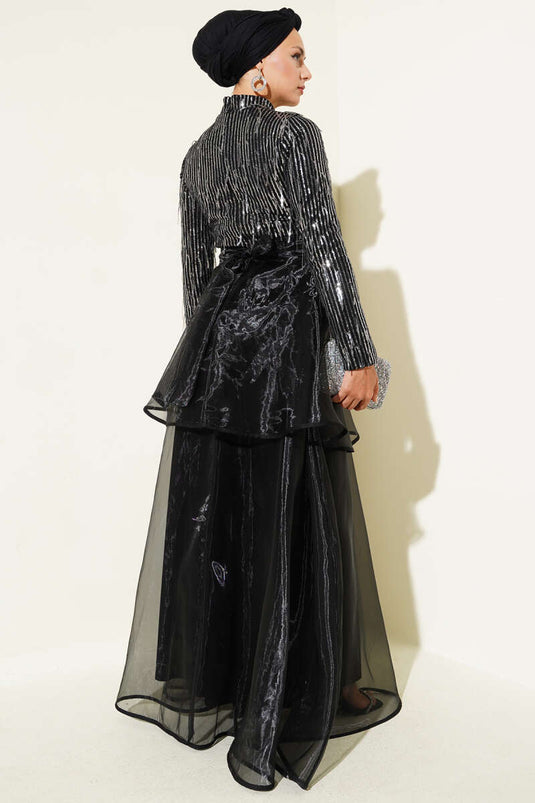 Sequined Tassel Evening Dress Black Silver