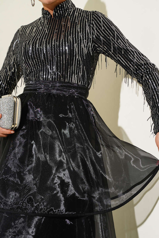 Sequined Tassel Evening Dress Black Silver