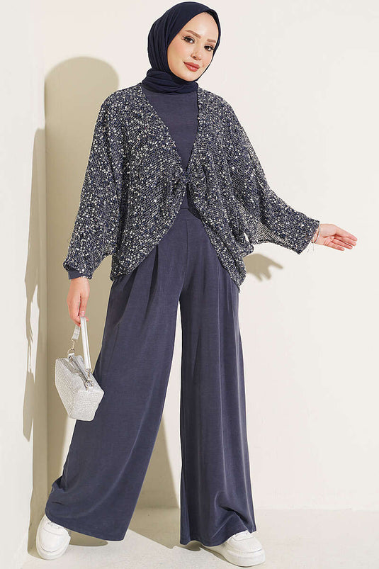 Completo Di Tre Pezzi Con Paillettes Blu Navy