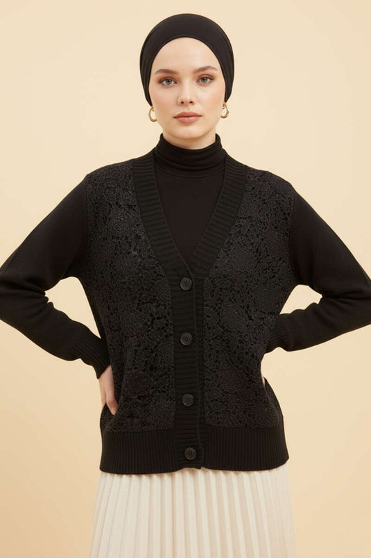 Cardigan court en maille à paillettes et dentelle noire