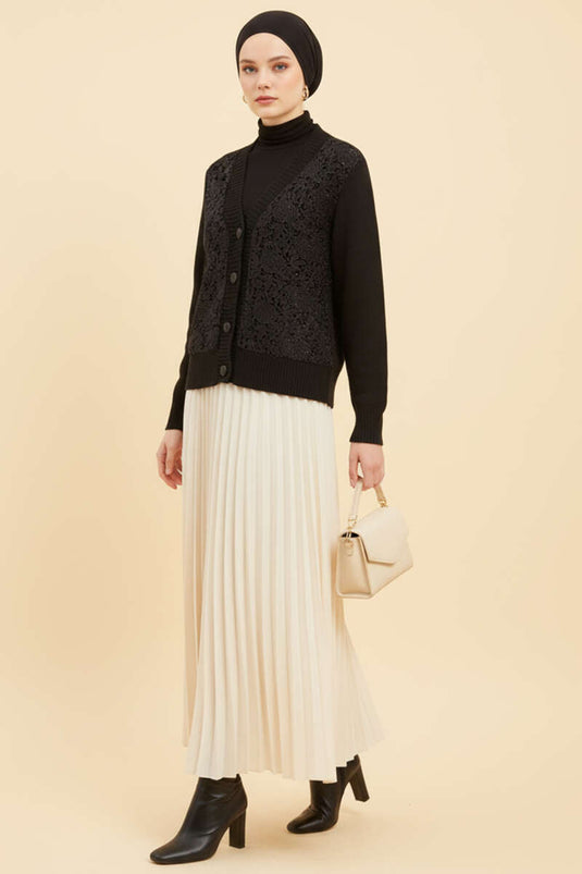 Sequined Lace Short Knit Cardigan Black