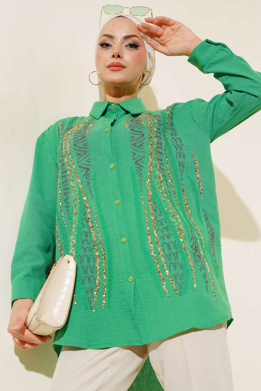 Pullu Nakışlı Gömlek Yeşil