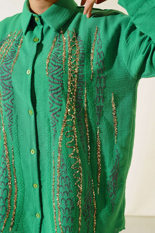 Pullu Nakışlı Gömlek Yeşil