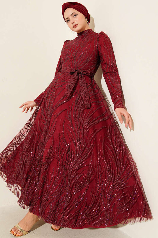 Sequined Glitter Evening Dress Burgundy