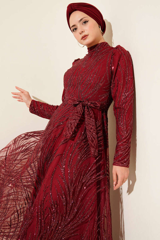 Sequined Glitter Evening Dress Burgundy