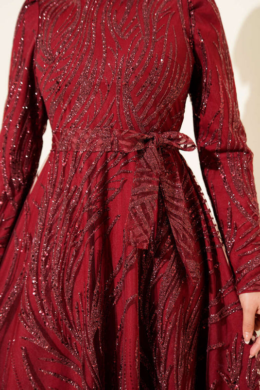 Sequined Glitter Evening Dress Burgundy