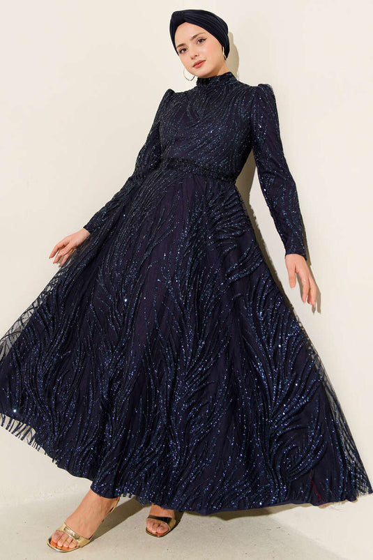Sequined Glitter Evening Dress Navy Blue