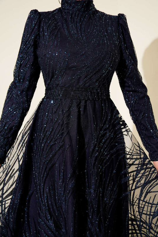 Sequined Glitter Evening Dress Navy Blue