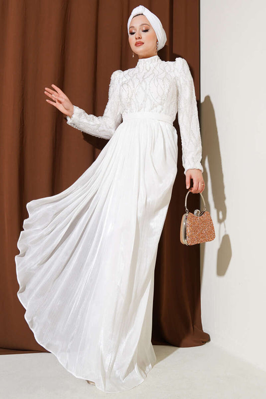 Pullu Taşlı Kuşaklı Abiye Elbise Beyaz