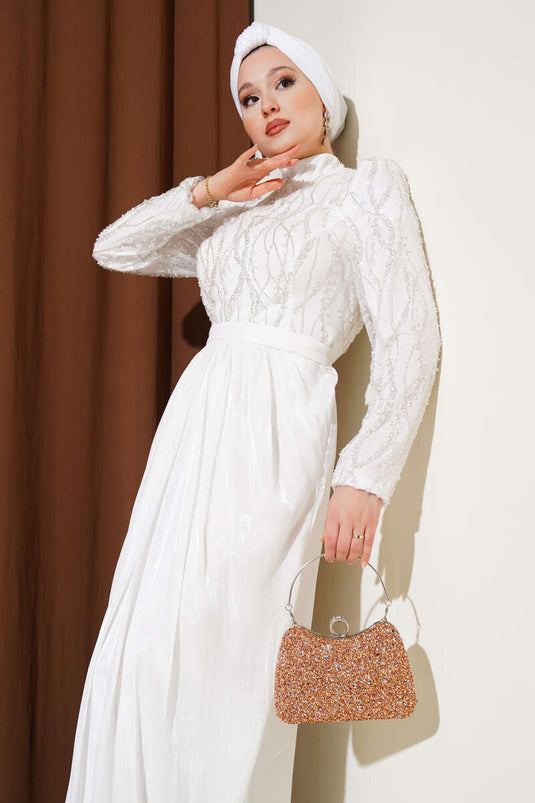 Pullu Taşlı Kuşaklı Abiye Elbise Beyaz