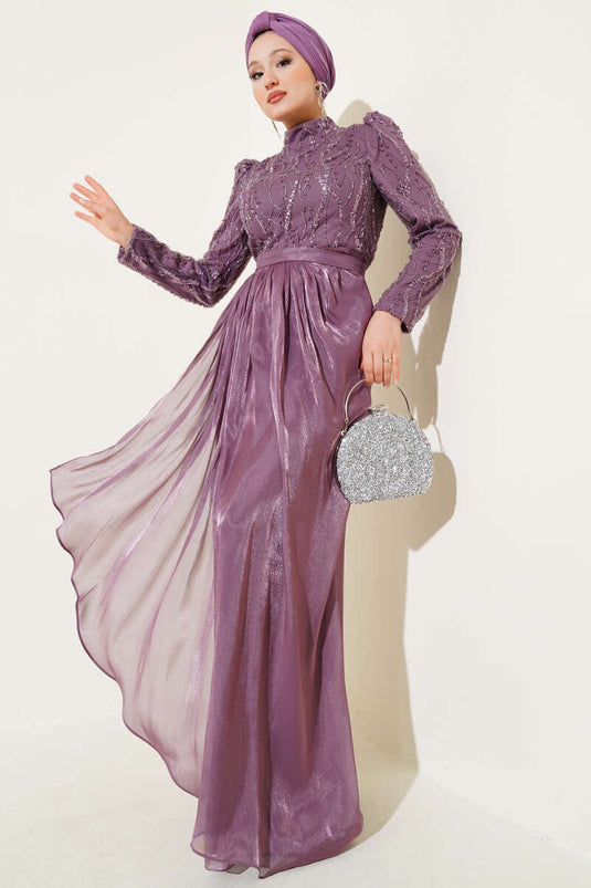 Sequined Stone Belted Evening Dress Magenta